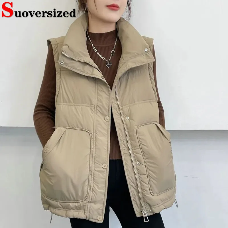 

Classics Khaki Stand Collar Sleeveless Parka Oversized 85kg Womne Waistcoat Casual Loose Elegant Cotton Vest Winter Warm Coats