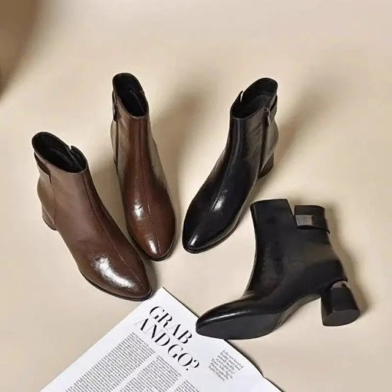 Women's Pionted Toe Ankle Boots Autumn New Side Zipper High Heel Shoes for Women Dress Office Chunky Heel Ladies Chelsea Boots