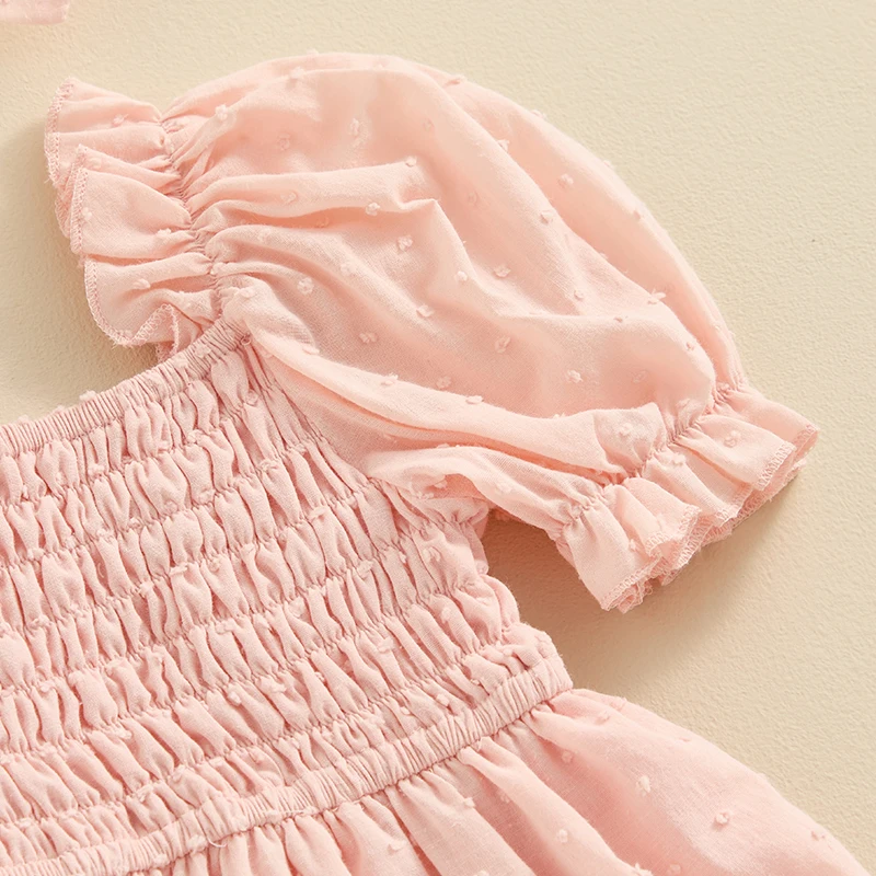 

Toddler Baby Girl Summer Dress Short Puff Sleeve Smocked Cute Swing A-Line Dress with Headband