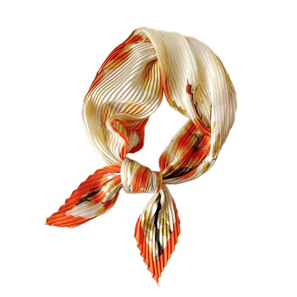 70 Pleated Small Square Scarf Professional Office Ladies Shawl Handmade Scarf Floral Print Silk Neckerchief Elegent Bandana 6