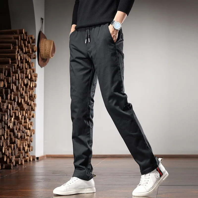 Autumn Casual Black Straight Pants Men Korean Style Social Slim Fit Elastic Waist Drawstring Trousers
