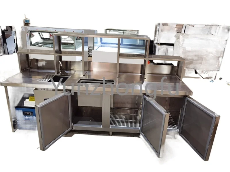 

1.5meters Custom bubble tea machine refrigerate working water bar Milk tea counter With Coffee shop equipments