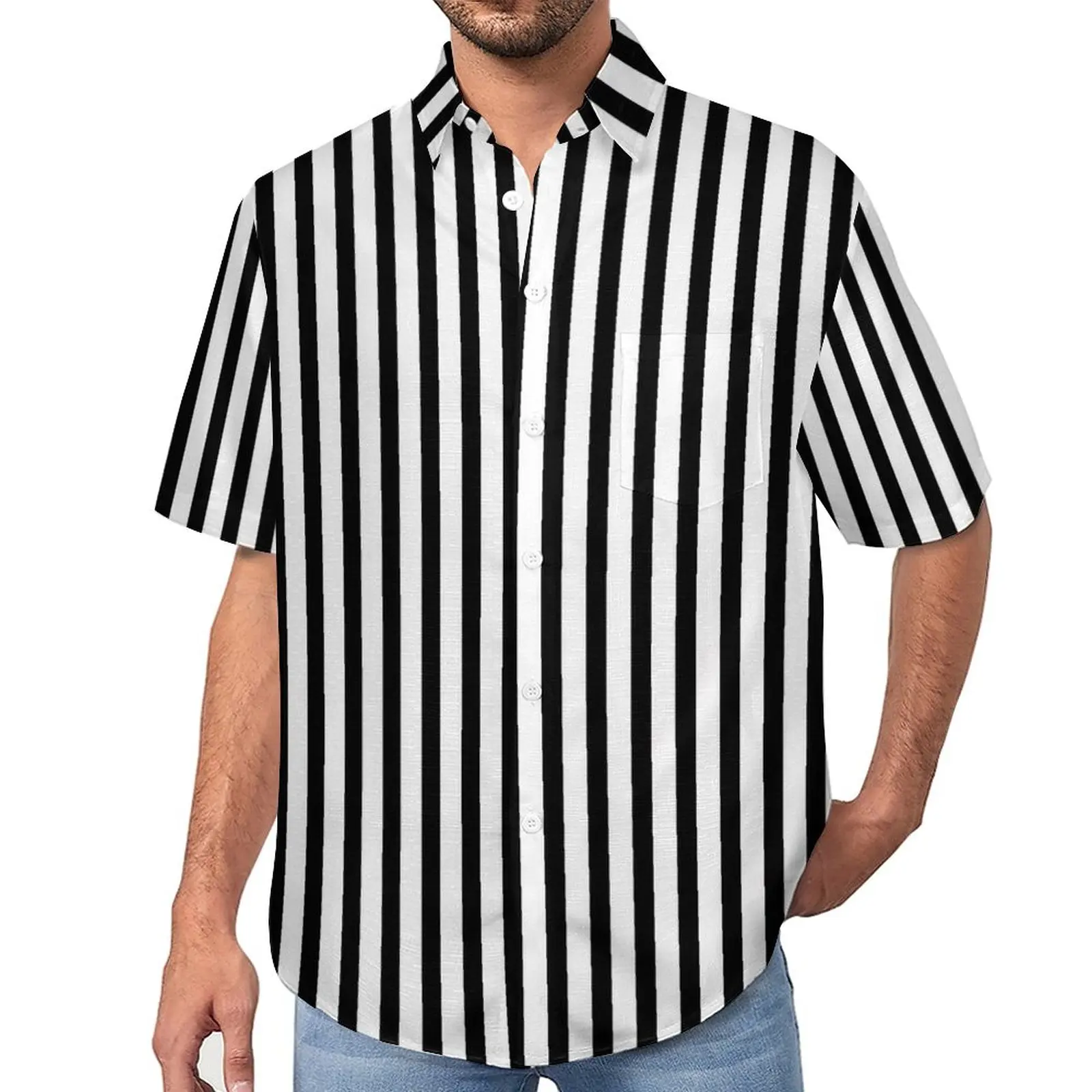 

Classic Striped Loose Shirt Male Vacation Black And White Casual Shirts Hawaiian Custom Short Sleeve Y2K Oversized Blouses