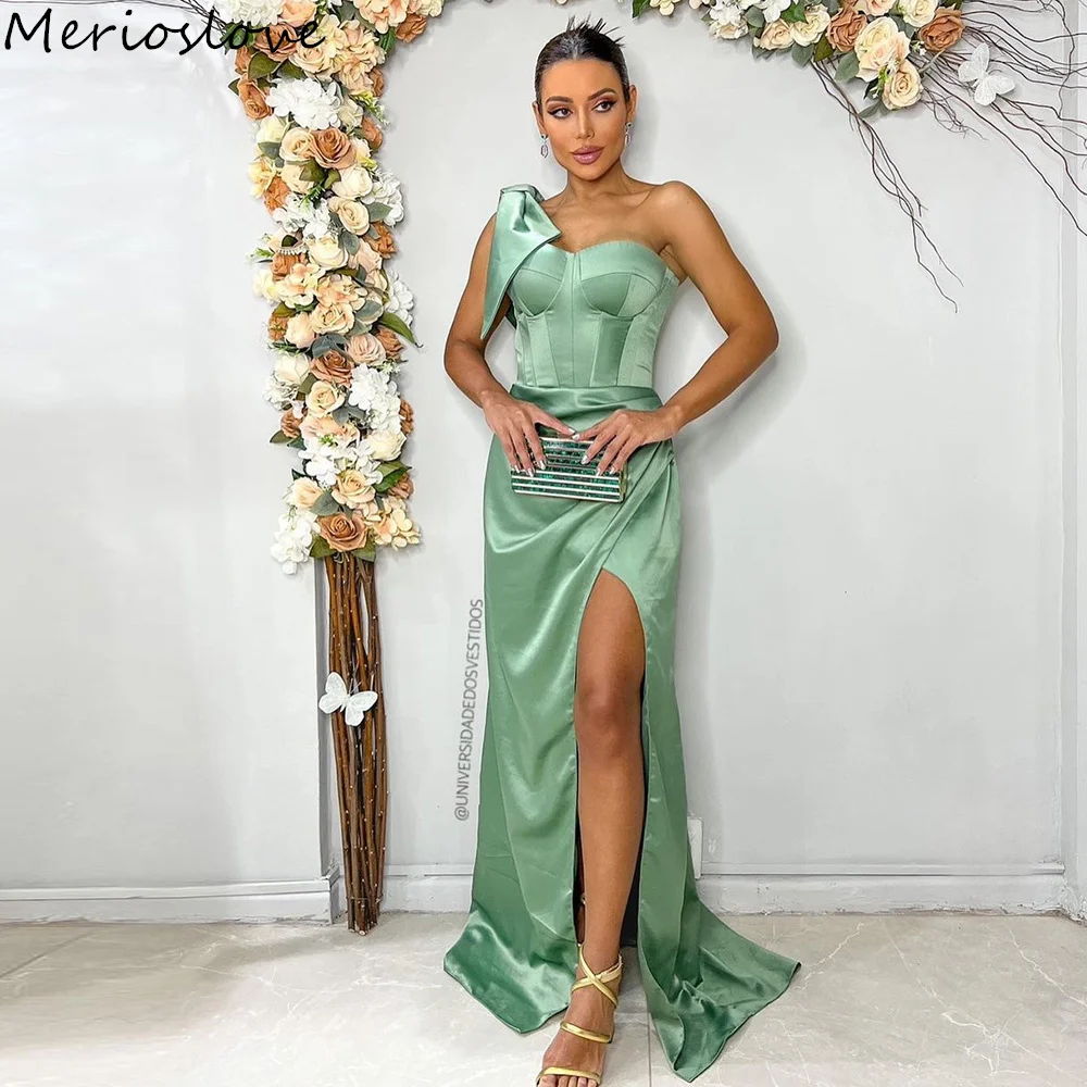 

Merioslove Elegant Mermaid Prom Dresses One Shoulder Sleeveless Side Split Pleat Saudi Arabic Evening Gown Formal Occasion Dress
