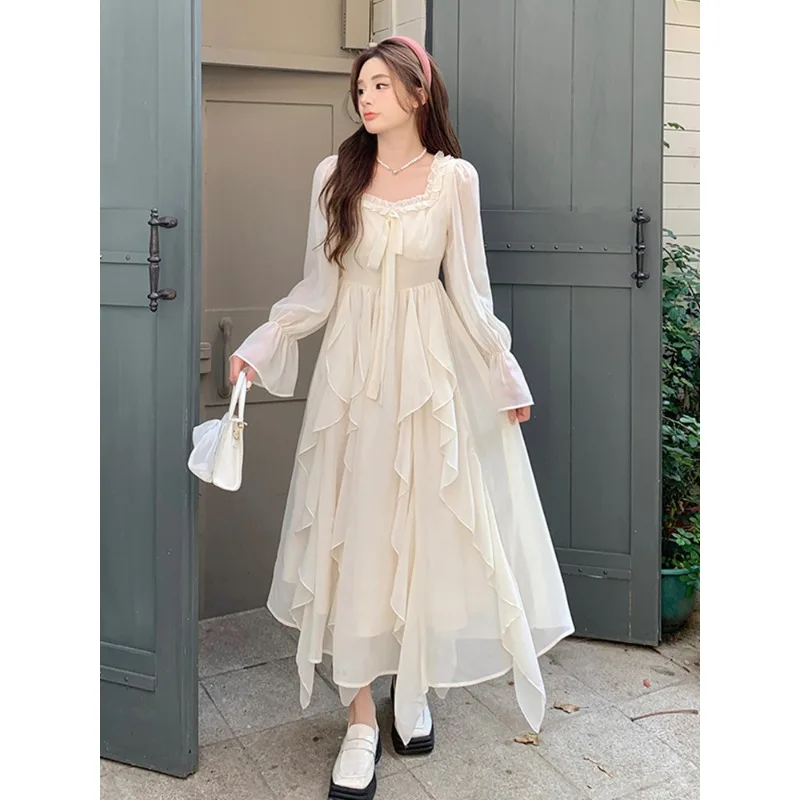 

Large Size Summer Tea Break French Seaside High-Grade Skirt FatmmSlimming Long Sleeve Ruffled Fairy Dress