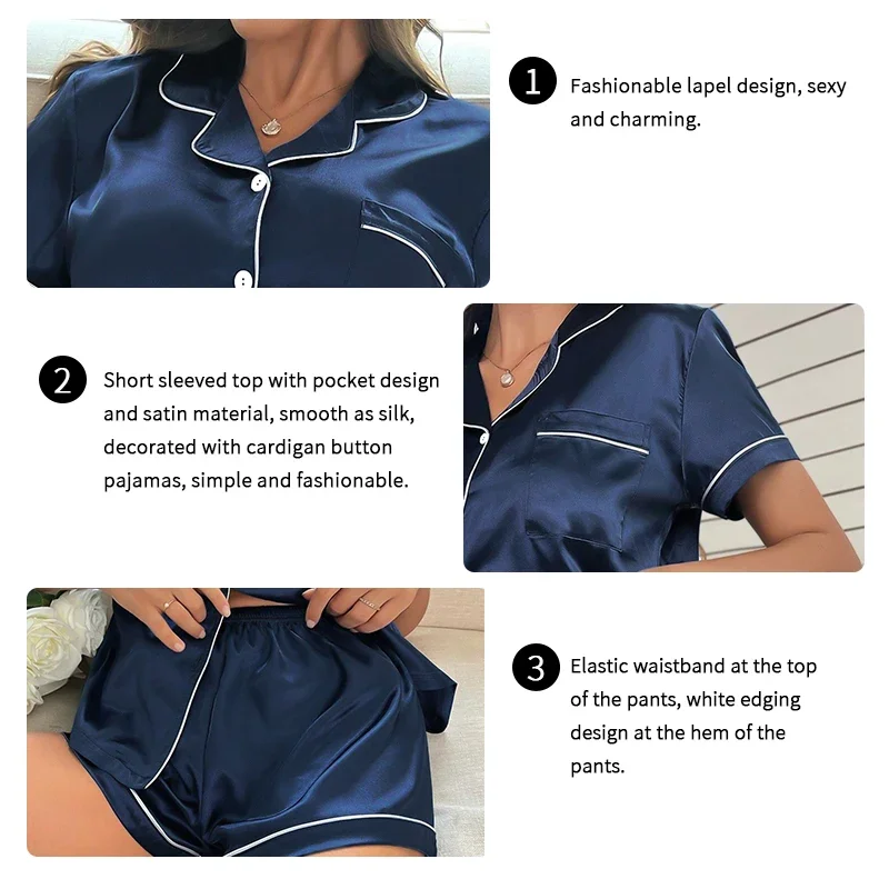 Women Pajamas Set Silk Satin Sleepwear Button Down Top & Shorts 2 Pieces Nightwear Loungewear