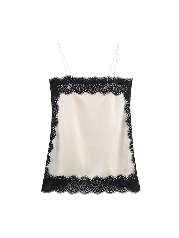 Women's Patchwork Camisole Lace Spliced Slash Collar White Black Contrast Color Lady Sexy Thin Sling Top Casual Fashion