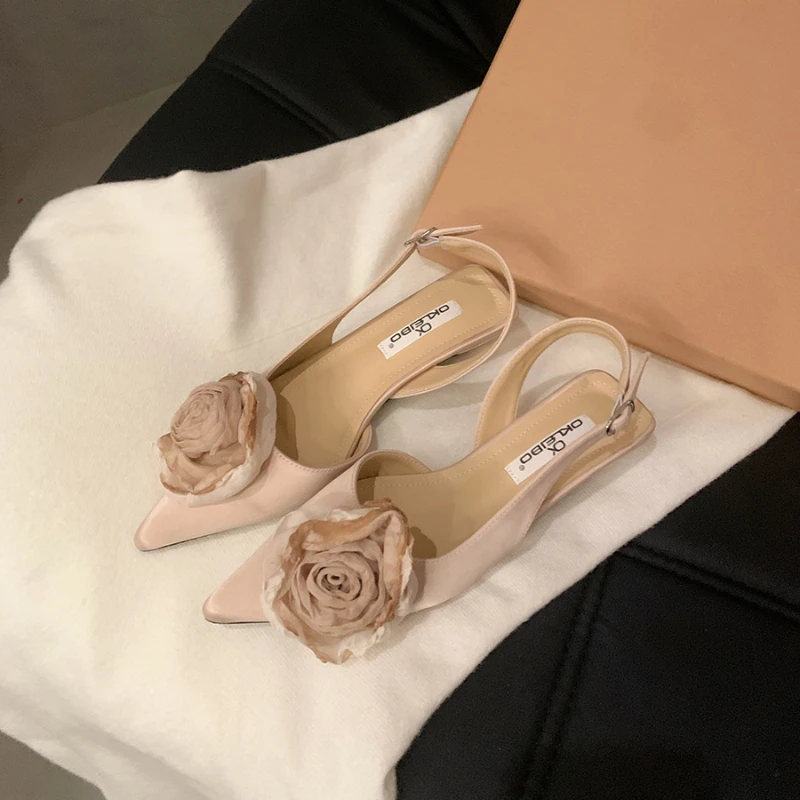 Women's Silk Flower Decorative Single Shoes Sexy Transparent PU Pointed Slingbacks High Heels Party Dress Women's Sandals Summer