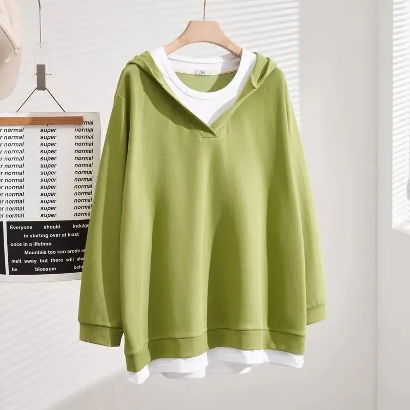 Spring Autumn New Women\'s Simplicity Extra-large Size V-Neck Fake Two Pieces Fashion Casual Loose Long Sleeve Hooded Tops