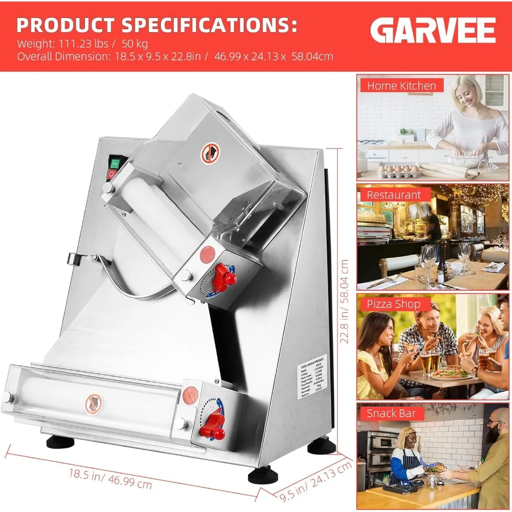 Commercial Pizza Dough Roller Sheeter, Max 12", Automatic 370W Electric Pizza Dough Roller, Stainless Steel, Suitable for Noodle