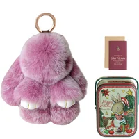 Bunny Plush Keychain Cute Rabbit Pompom Pendant W/ Tin Box Handmade Soft Bunny PomPom Keychain Christmas Gifts for Girls Women 1