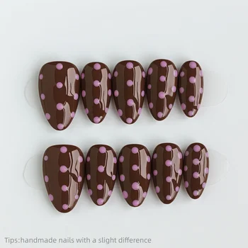 10pcs Handmade Brown Pink Polka Dot Press on Nails Almond Full Cover Wearable Reusable Sweet False Nails 2026 1