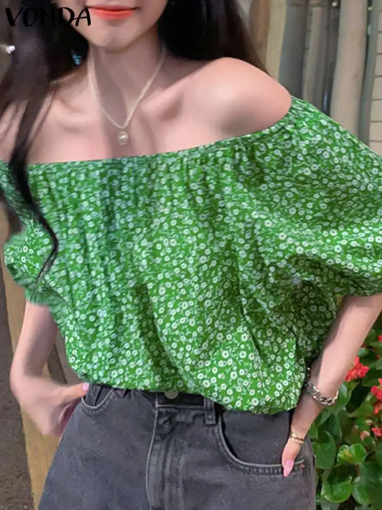 

VONDA летние женские рубашки 2024, богемные топы с цветочным принтом, повседневные свободные сексуальные блузки с буффами на рукавах, женская пляжная блузка