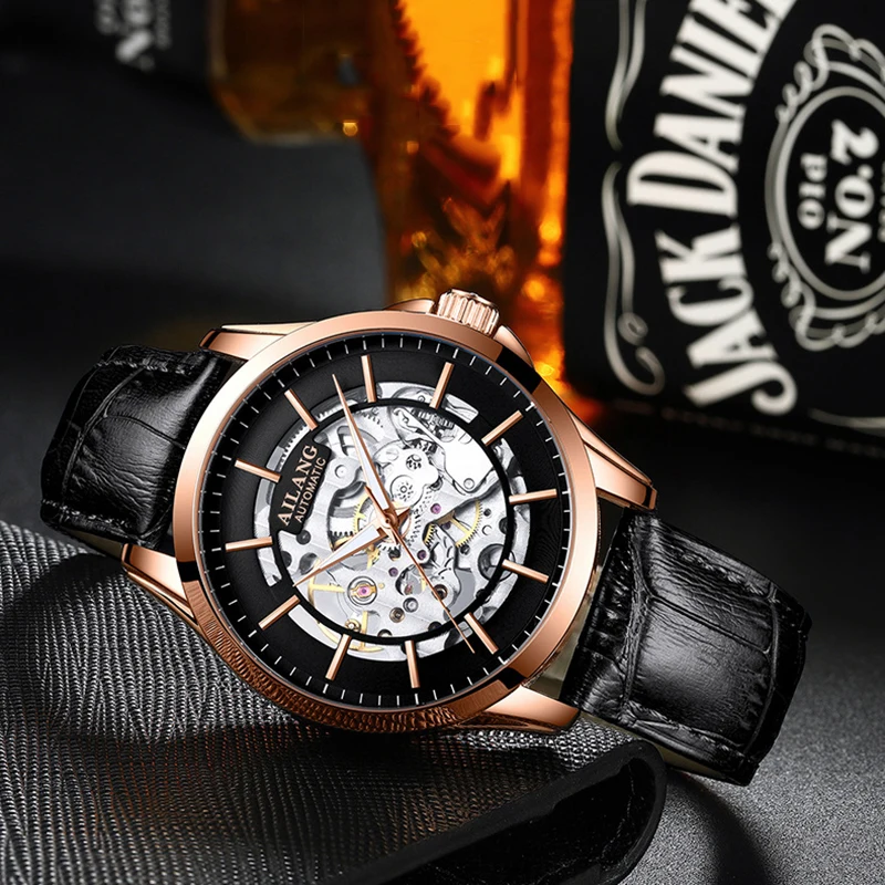 AILANG Luxury Skeleton Mechanical Watch For Men Fashion Blue Leather Strap Waterproof Luminous Hands Hollow Watches