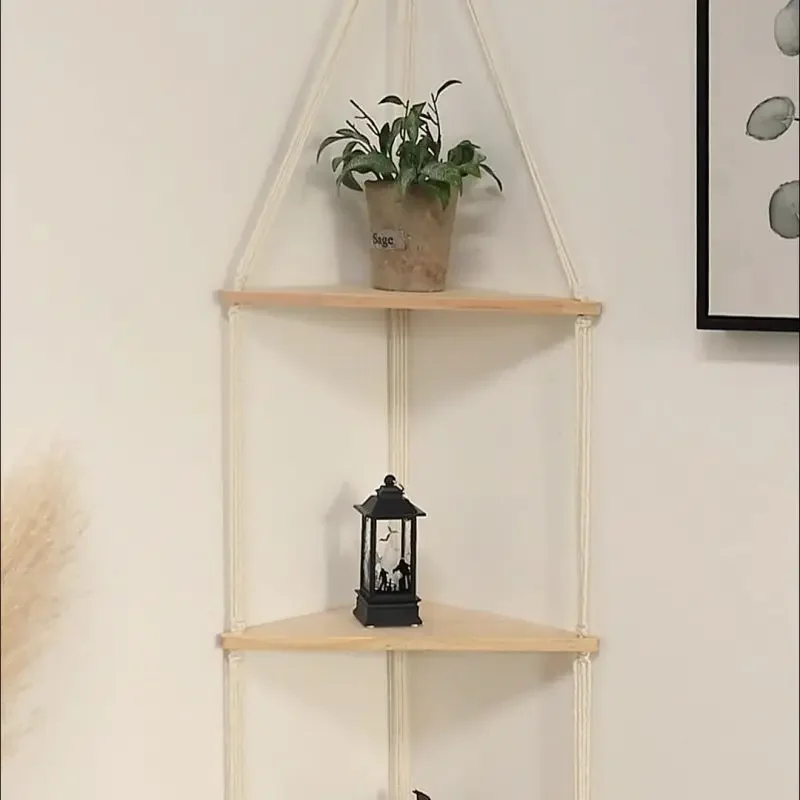 1 Set Wood Wall Shelf Macrame Swing Hanging Floating Display Shelves Hanging Wall Plant Corner Holder Stand For Simple Design 2