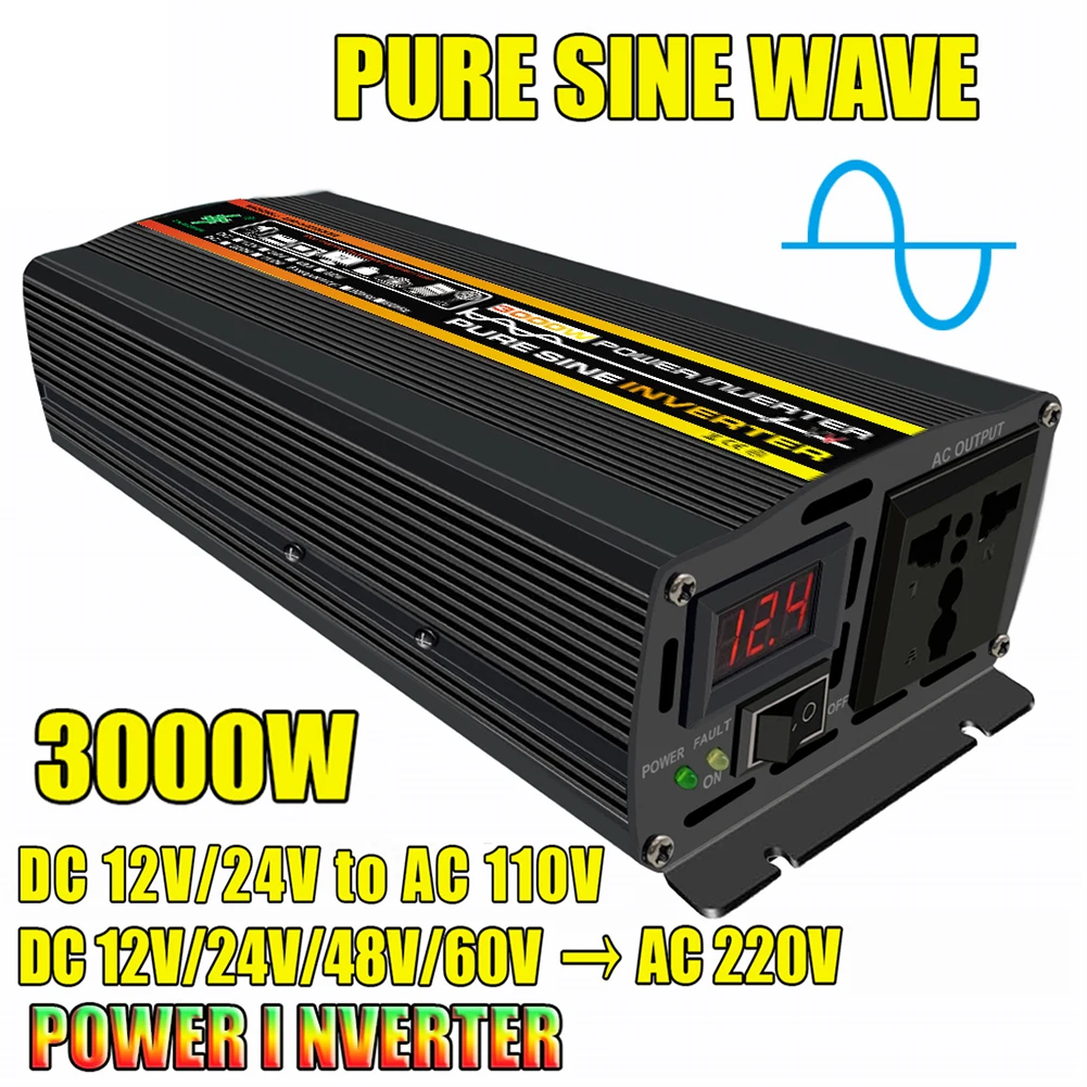 3000W Pure Sine Wave Car Inverter Power Inverter DC12V/24V/48V/60V to AC  220V Socket Converter for Car Outdoor Power Inverter