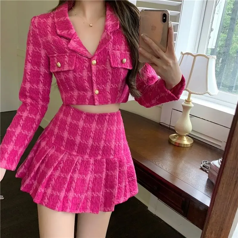 Suit Small Fragrance Vintage Tweed Women Crop Top Woolen Short Jacket Coat + Mini Skirts Sets Sweet Pink Fall 2 Piece Suits