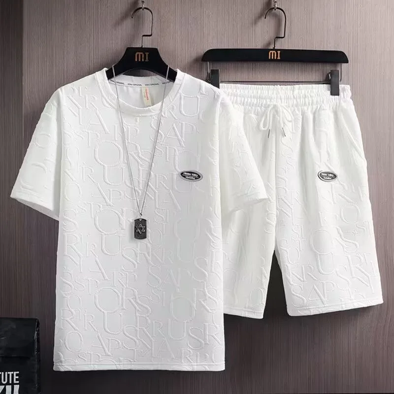 Summer Elegant Fashion Harajuku Slim Fit Ropa Hombre Loose Casual Sport All Match Short Sleeve Tshirts Shorts Two Piece Set