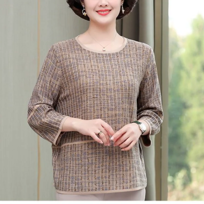 Temperament Versatile Commuter Women's Clothing 2023 Autumn and Winter New Stripe Print Round Neck 3/4 Sleeve Commuter Pullover