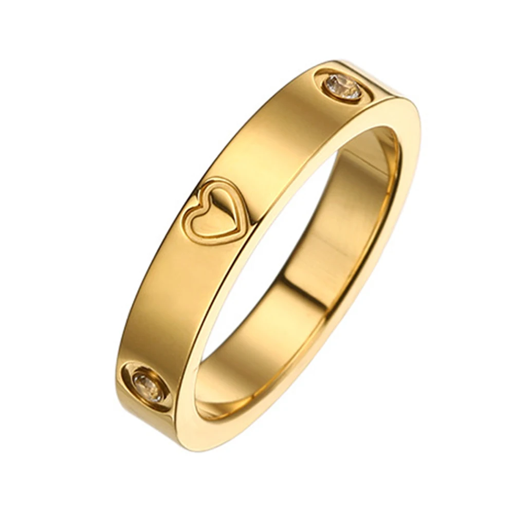 Engraved Heart Love Ring Gold Color Shinny Crystal Ring For