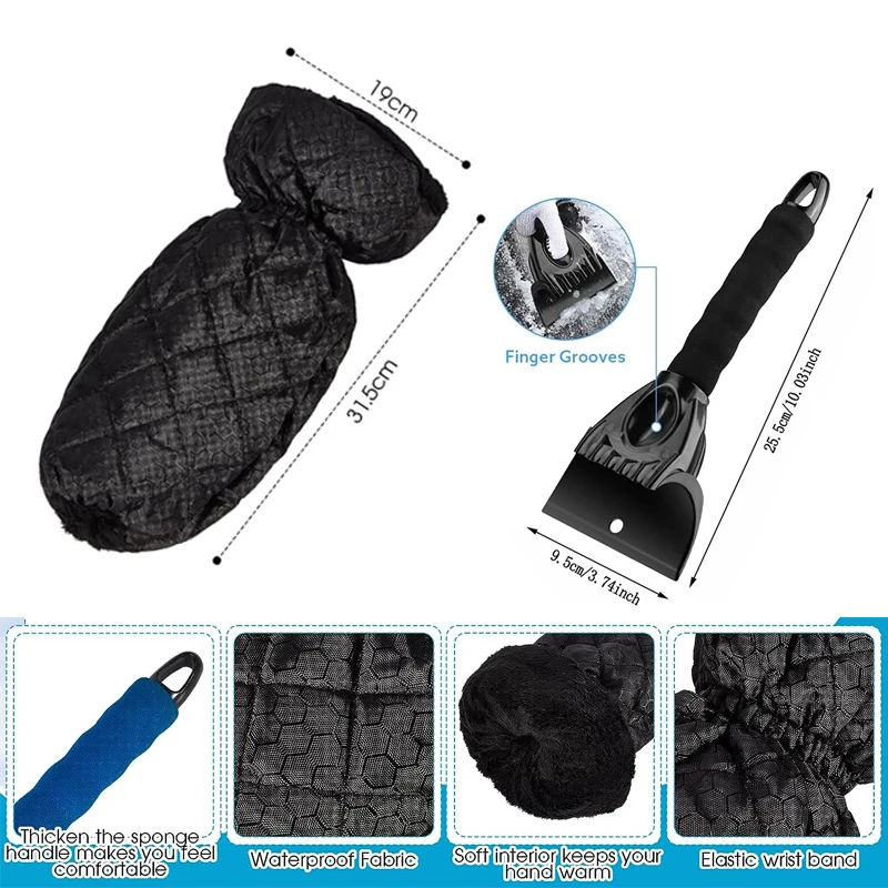 Premium Ice Scraper with Foam Grip and Waterproof Warm Glove – Efficient Snow and Frost Removal Tool