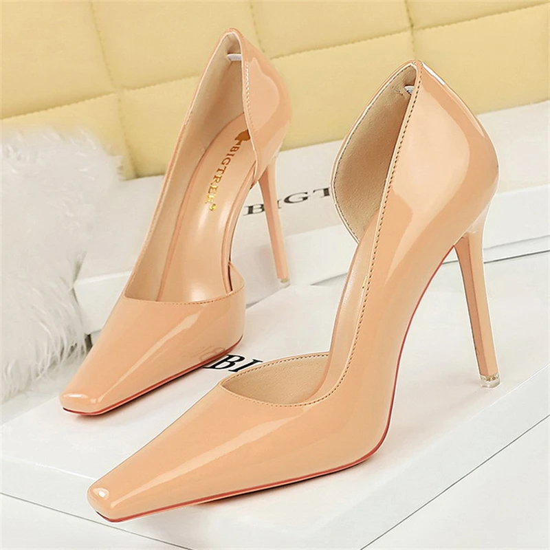 BIGTREE Autumn Simple Slim High Heels Casual Women's Shoes Bright Surface Patent Leather Shallow Mouth Square Head Woman Pumps