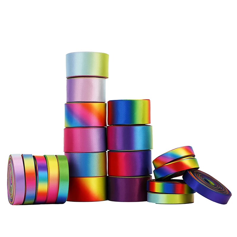 9mm-50mm Rainbow Gradient Double Face Printed Satin Ribbon for Gift Package Diy Decorative Ribbon Children's Hair Bows 100Yards