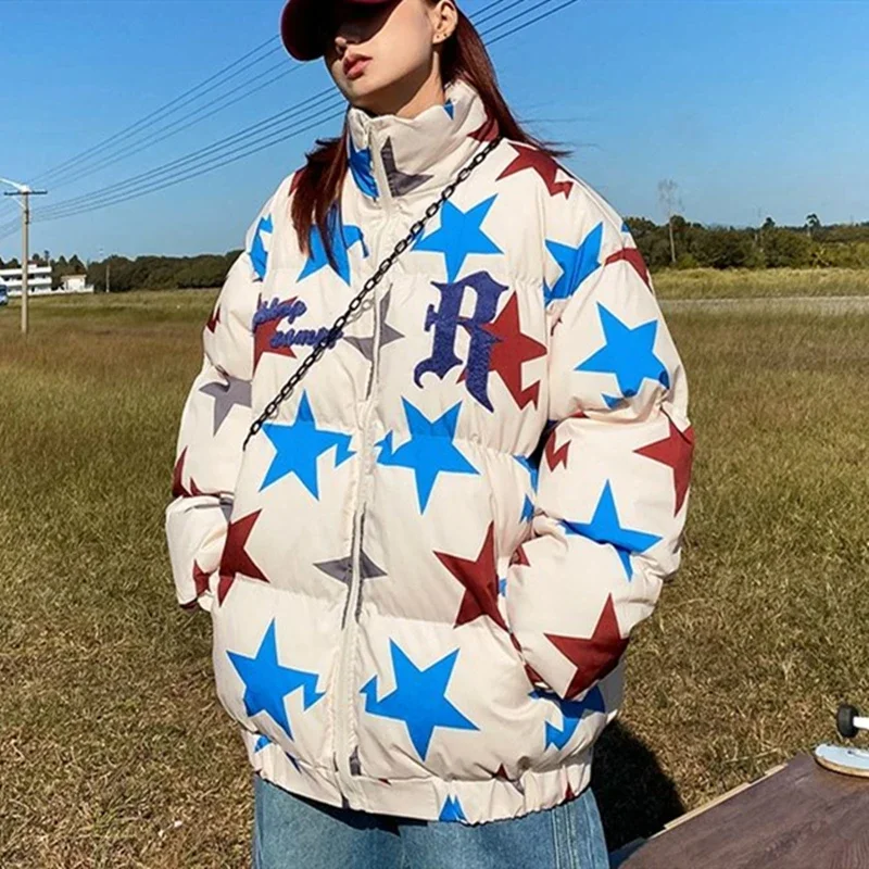 

Harajuku Punk Stars Letter Printed Graphic Parkas Puffer Jacket Thick Cotton Warm Winter Coat Fashion Loose Couples Streetwear