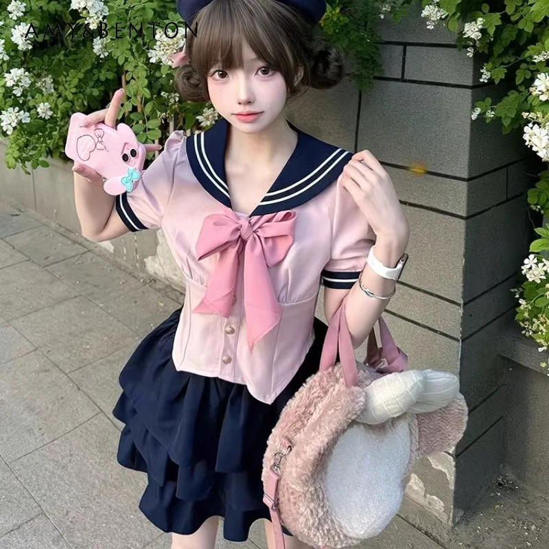 2024 New JK Lolita Uniform Preppy Style White Short-Sleeved Shirt Skirt Sailor Set Cute Waist-Tight Slimming Color Blocking Suit