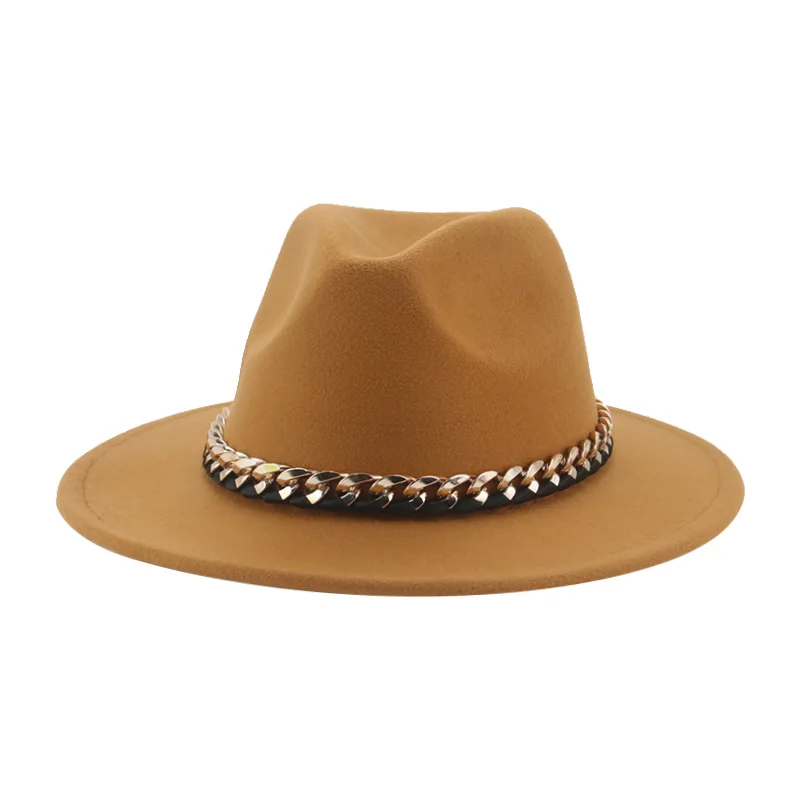 wool fedora Women Hat Luxury Wide Brim Thick Gold Chain fascinator Beige Hats for Men Women Panama Cowboy Hat Fedora Hats Sombrero Hombre white fedora