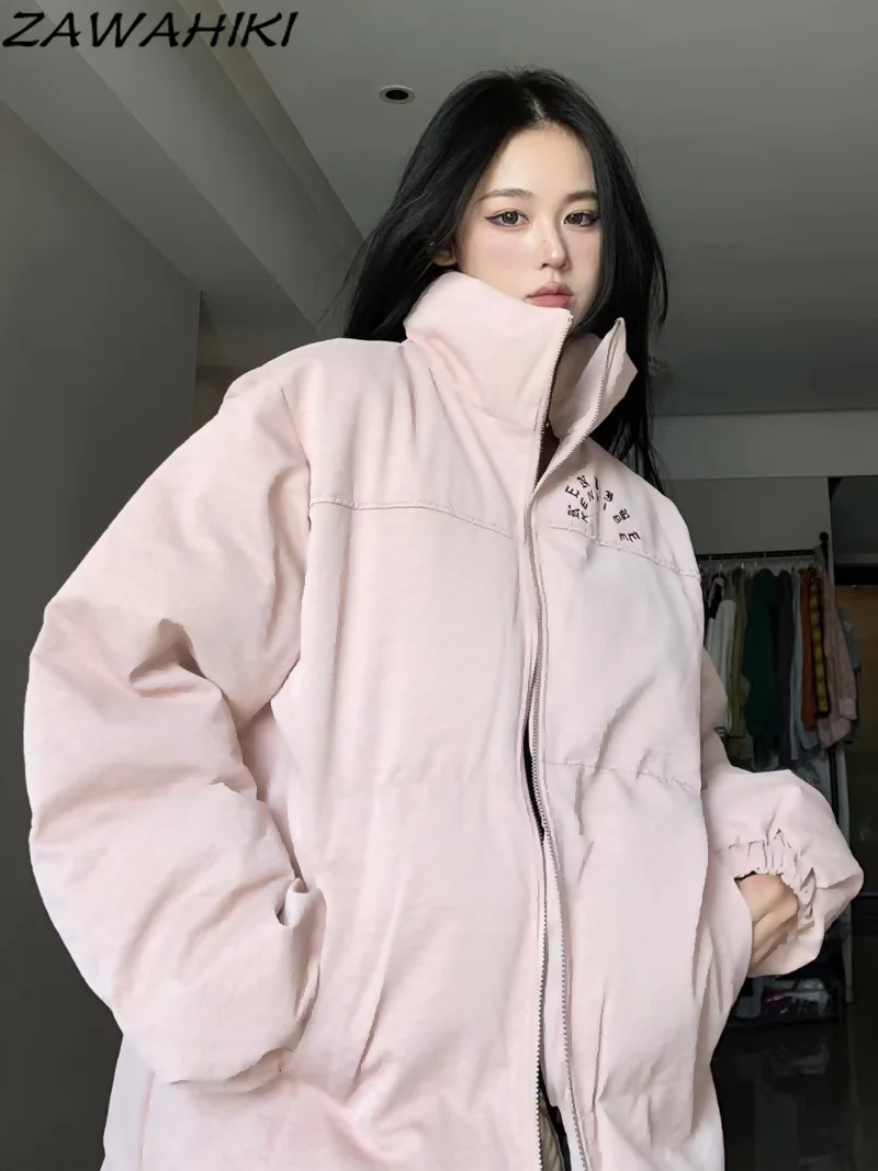 

Winter Oversize Women Cotton Coat Slid Color Zip-up Stand Collar Thickened Female Loose Jackets StreetwearWarm Jackets
