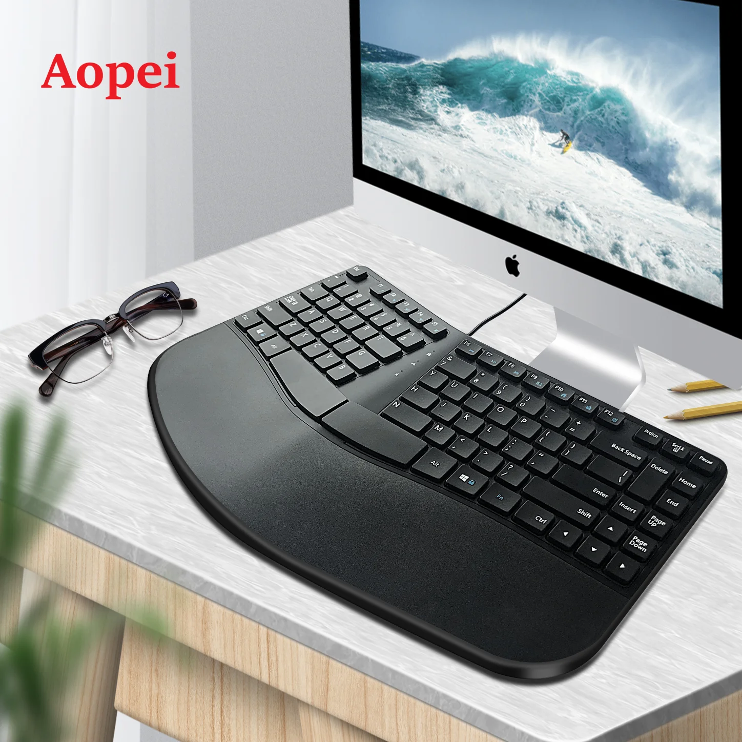 AOPEI 손목 받침대 디자인 인체공학적 분할 키보드, 유선 USB 인체공학적 키보드, 윈도우 맥 안드로이드용