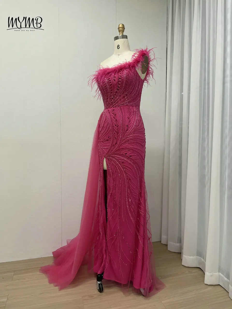 MYMB Graue Luxus-Meerjungfrau-Abendkleider mit hohem Schlitz für formelle Anlässe, sexy One-Shoulder-Perlenfedern, Hochzeits-Party-Kleider – Detail 9