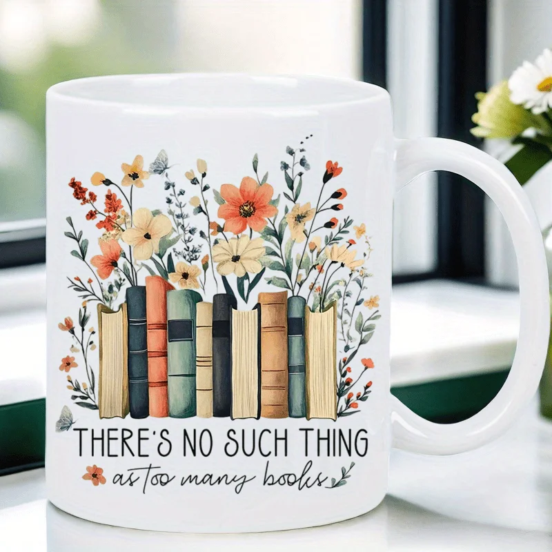 Keramikbecher-Bücherregal & Zitat „Es gibt nie zu viele Bücher“ – Weiße Kaffeetasse mit mehrfarbigem Blumenmuster_voghion.com