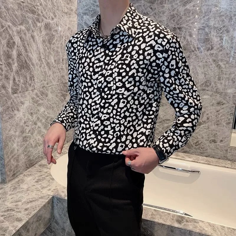 

2023 Man Spring Autumn Fashion Leopard Print Shirts Male Long Sleeve Social Casual Chemise Homme W237