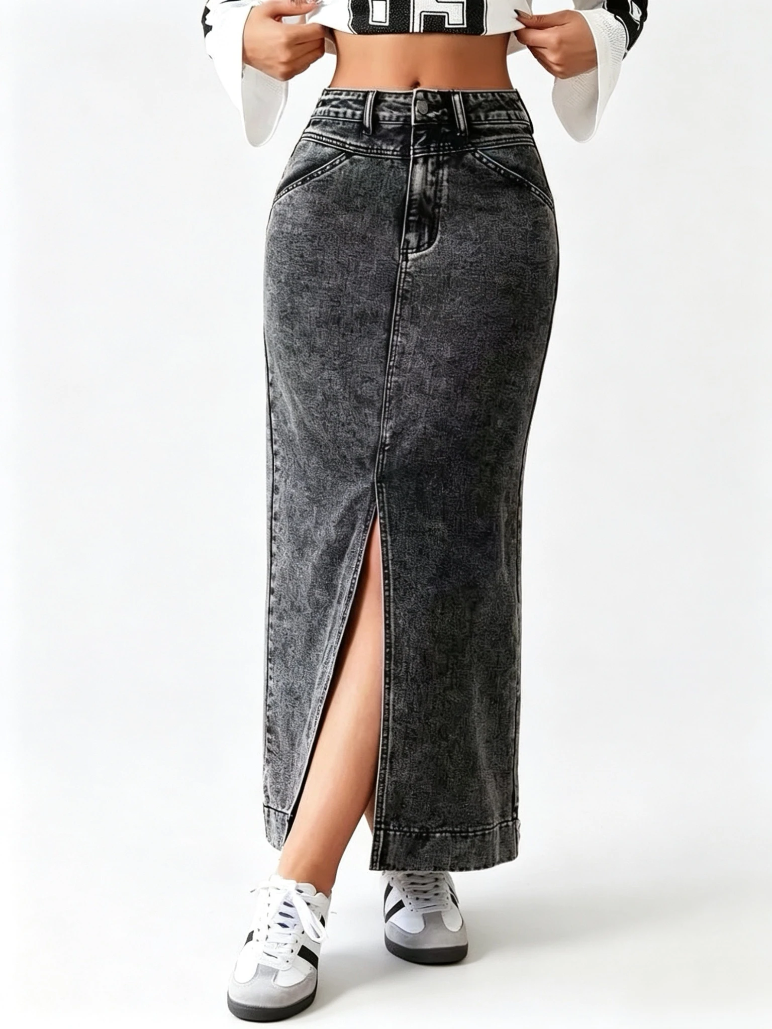 Grauer Damen-Jeansrock mit hoher Taille und Frontschlitz, mittellanger Bleistiftrock