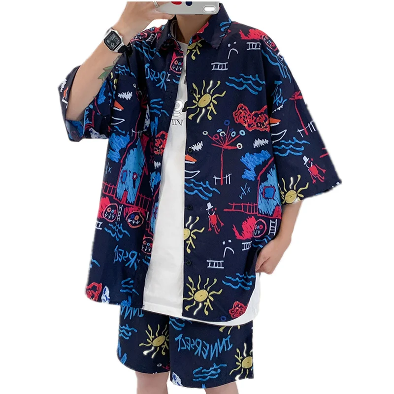 

Short Sleeves Shirts And Shorts Outfit Graffiti Print 2 Pieces Sets Summer Beach Clothing Casual Loose Suit Holiday Tracksuits
