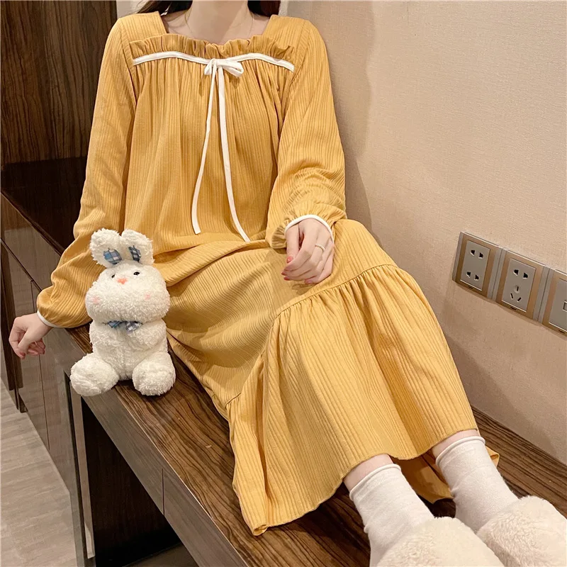 Large Size Women Dress Roomwear Autumn Nightgowns Princess Style Vintage Nightdress Loose Sleepwear Sweet Home Clothes Cozy