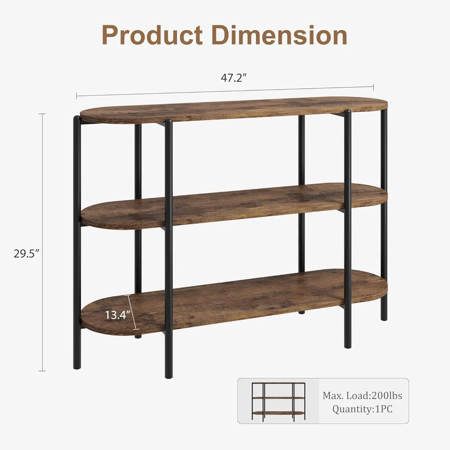 3 Tier Industrial Metal Sofa Table,Behind Couch Table, Entryway Console Table,Farmhouse Hallway Table for Entry,Living Room