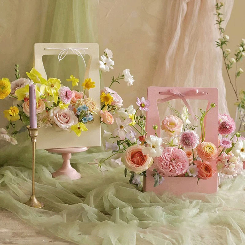 1 Pz Double Sided Water Proof Kraft Paper Portable Flower Basket Bouquet Maniglia Cartone Creativo Bouquet Holiday Gift Wrapping Box