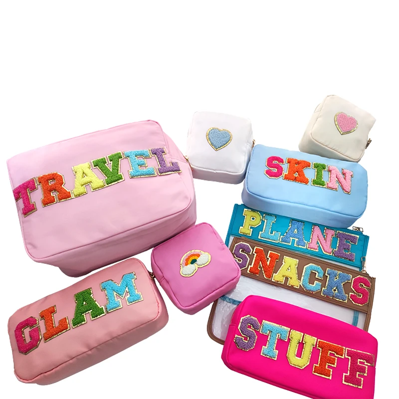 

Travel Stuff Letter Patches Embroidery Patch Personalize Toiletry Pouch Waterproof Storage Nylon Travel Makeup Bag Organizer