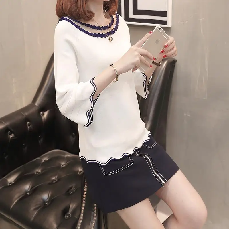 

Women's Clothing Fashion Casual Patchwork Striped Solid Loose Pullovers Lace Round Neck Pagoda Three Quarter Sleeve T-Shirts