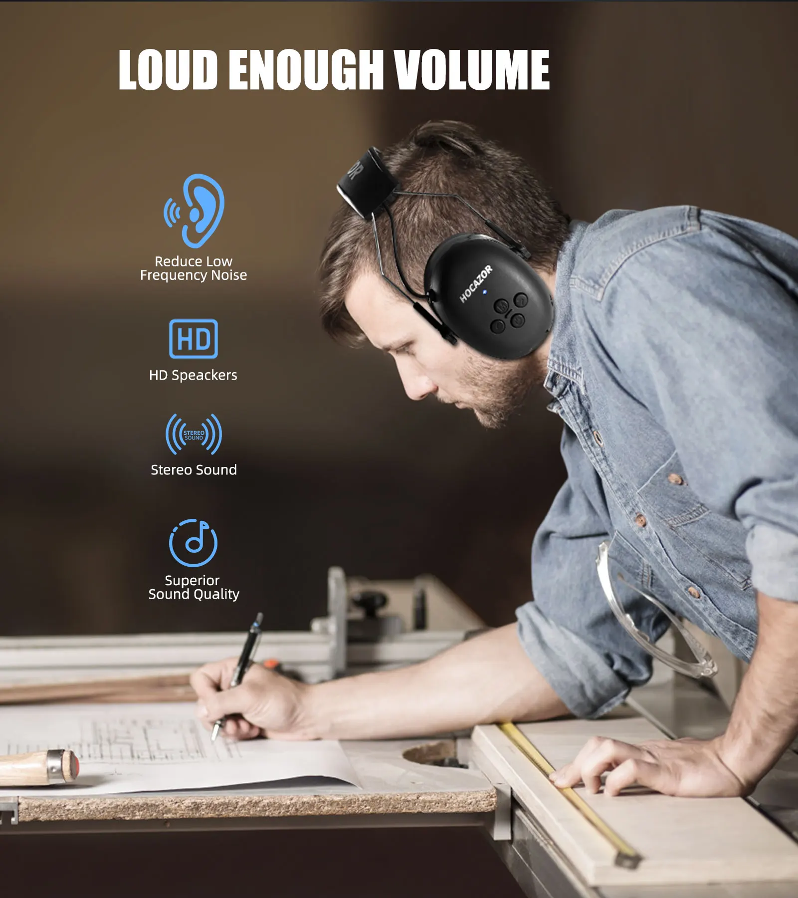 Hocazor proteção auditiva eletrônica bluetooth 5.1 fones de ouvido música para cortar com cancelamento de ruído earmuffs protecter segurança