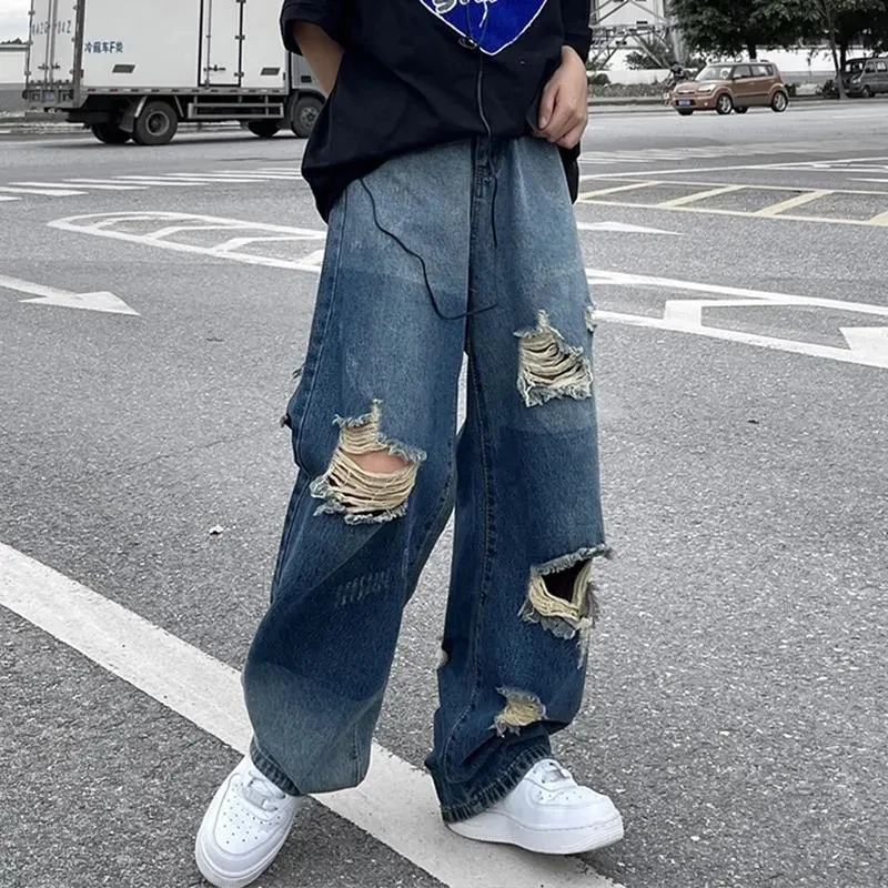 

Korean Version Of Ins Hip-Hop High Street Hipsters Distressed Old Ripped Straight Jeans Men Casual Wild Loose Wide-Leg Trousers