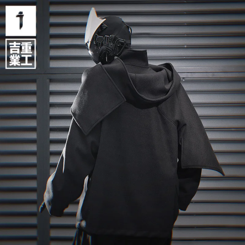 Autumn Winter Hip Hop Punk Scarf Collar Techwear Jacket Woolen Coat Men Vintage Casual Woolen Outerwear 2