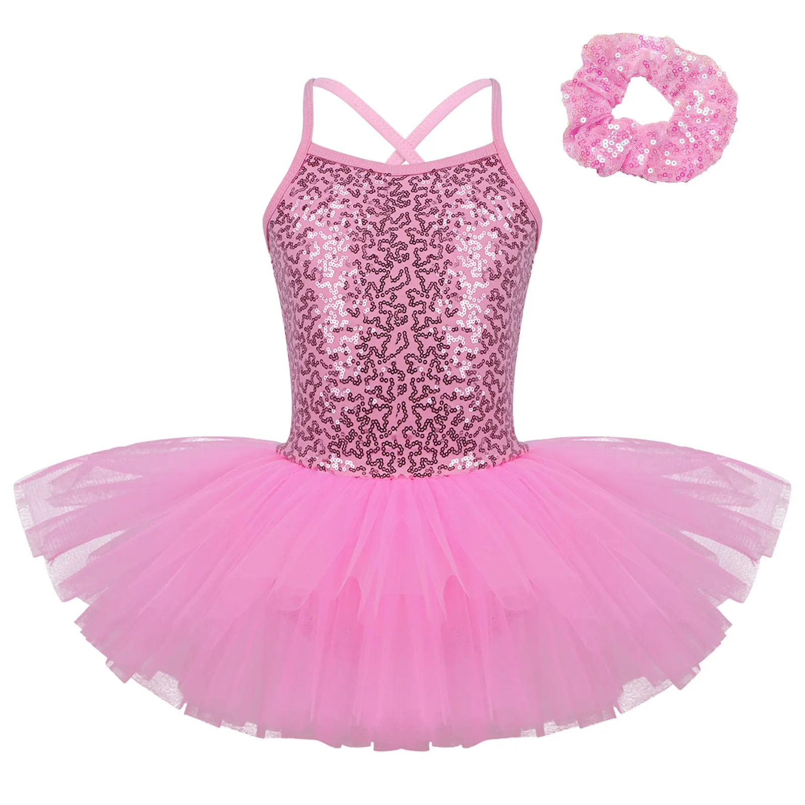 TiaoBug Kids Girls Sequined Tutu Dress Ballet Leotard Dress Performance Costume Criss-cross Strap Back with Hair Tie Headwear