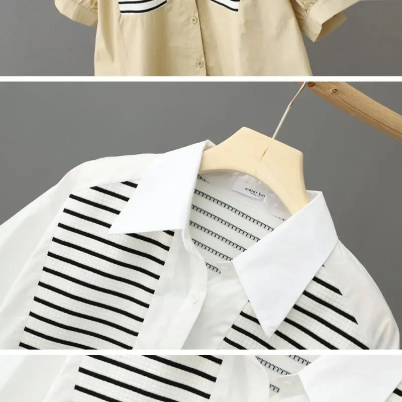 Korean 2024 Summer Commute Women's Blouses Patchwork Polo-Neck Striped Button Young Style Casual Loose Short Sleeve Shirts Tops