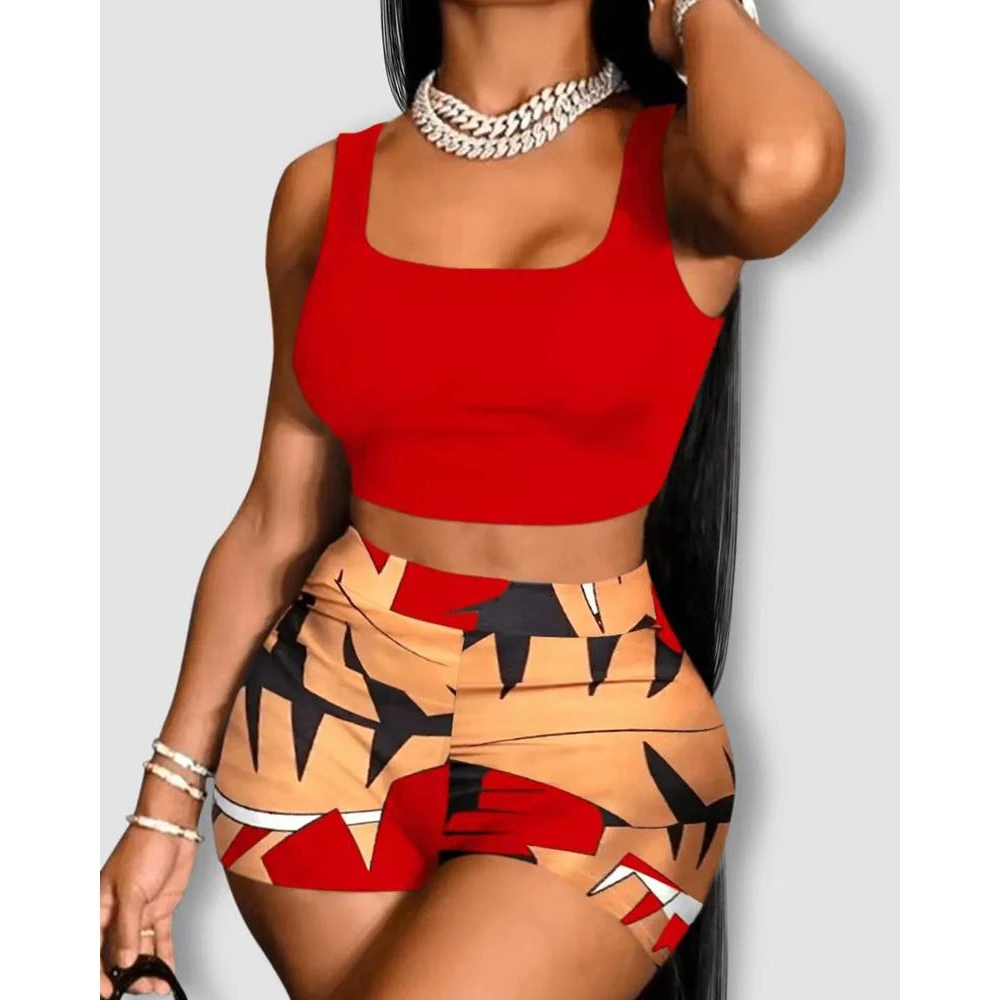 Summer Casual Sleeveless 2 Pieces Suit Set Outfits Women O-Neck Cami Crop Top & Geometric Print Shorts Sets Vacation y2k Clothes
