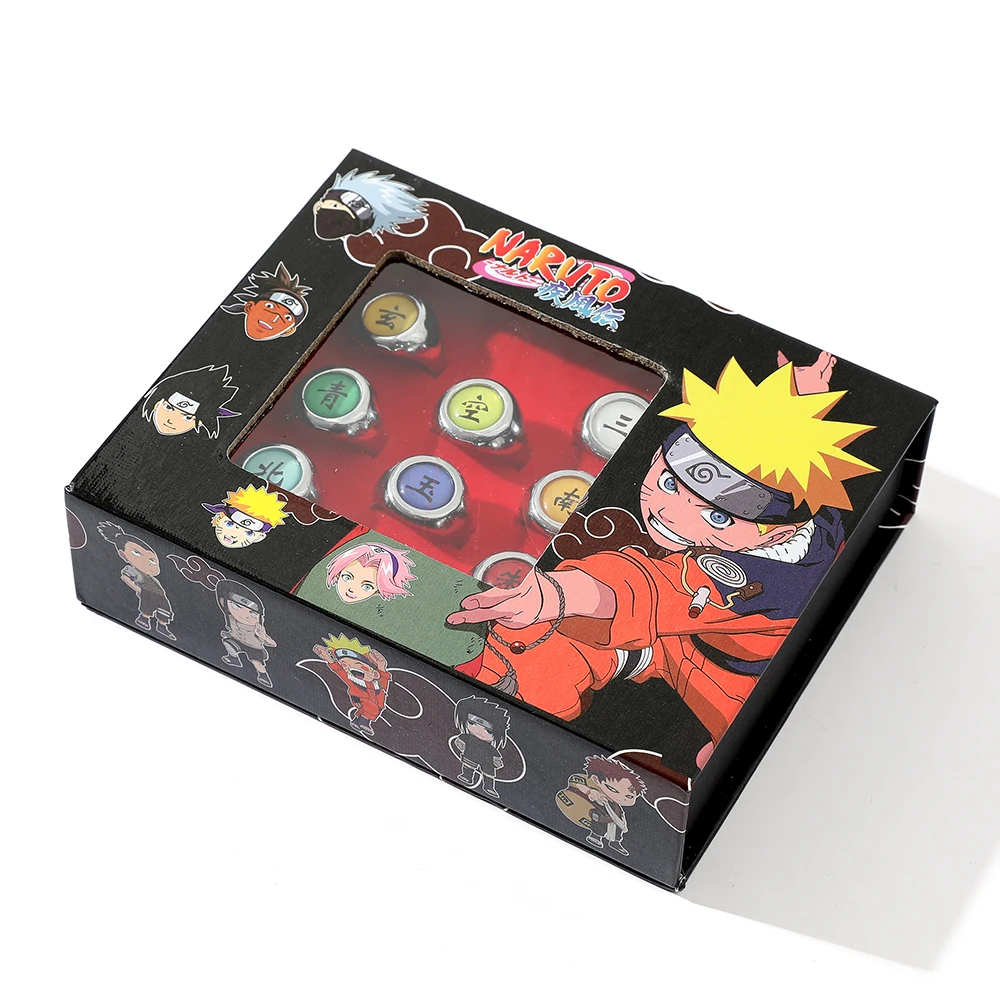 Coffret collector 10 Bagues métal chromé - Naruto shippuden Akatsuki  (Orochimaru, Pein, Sasori, Itachi, Kakuzu)