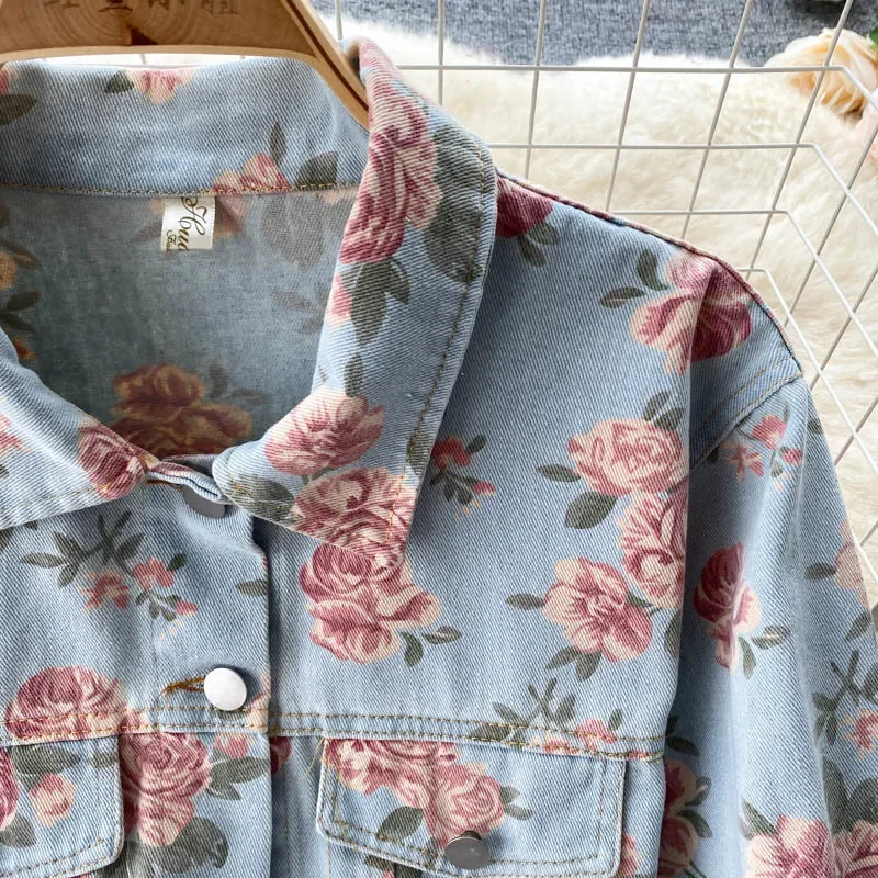 Vintage Floral Print Denim Jacket for Women 2025 New Autumn